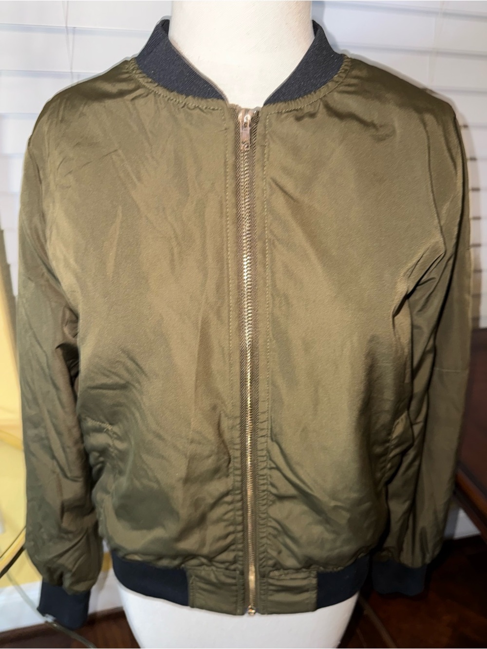 Olive Green Bomber Jacket with Black Trim